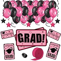 Congrats Grad Deluxe Graduation School Colors Decoration Pack, 68pc, Pink Black