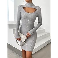 Women's Fashion Dress -Dresses Cut Out Mock Neck Fake Button Sweater Dress Sweater Dress for Women (Color : Light Grey, Size : Small)
