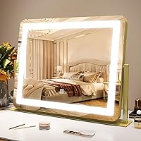 Gold Vanity Mirror Makeup Mirror with Lights, Large Lighted Vanity Mirror, Light Up Mirror with Smart Touch 3 Colors Dimmable, Tabletop Mirror for Makeup Desk, 360° Rotation, 22