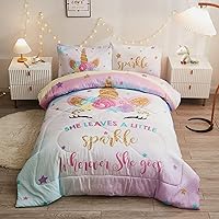 Full Size Comforter Set for Girls, 5-Piece Bed in a Bag, 3D Colorful Unicorn Bedding Comforter Sheet Set, Ultra Soft and Fluffly, Pink & Rainbow Color