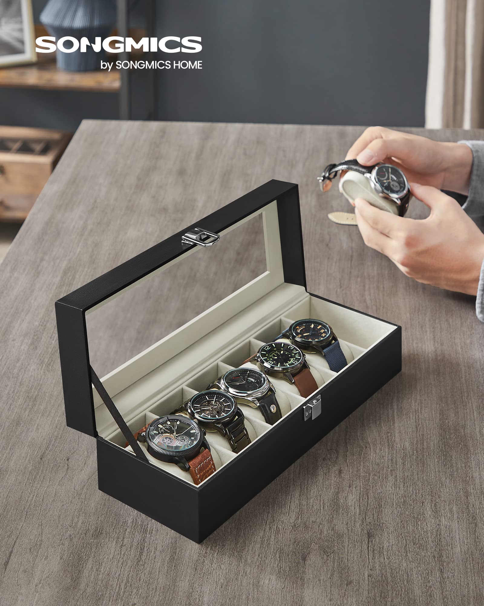 SONGMICS Watch Box, 6-Slot Watch Case with Large Glass Lid, Removable Watch Pillows, Watch Box Organizer, Gift for Loved Ones, Black Synthetic Leather, Greenish Beige Lining UJWB06BE