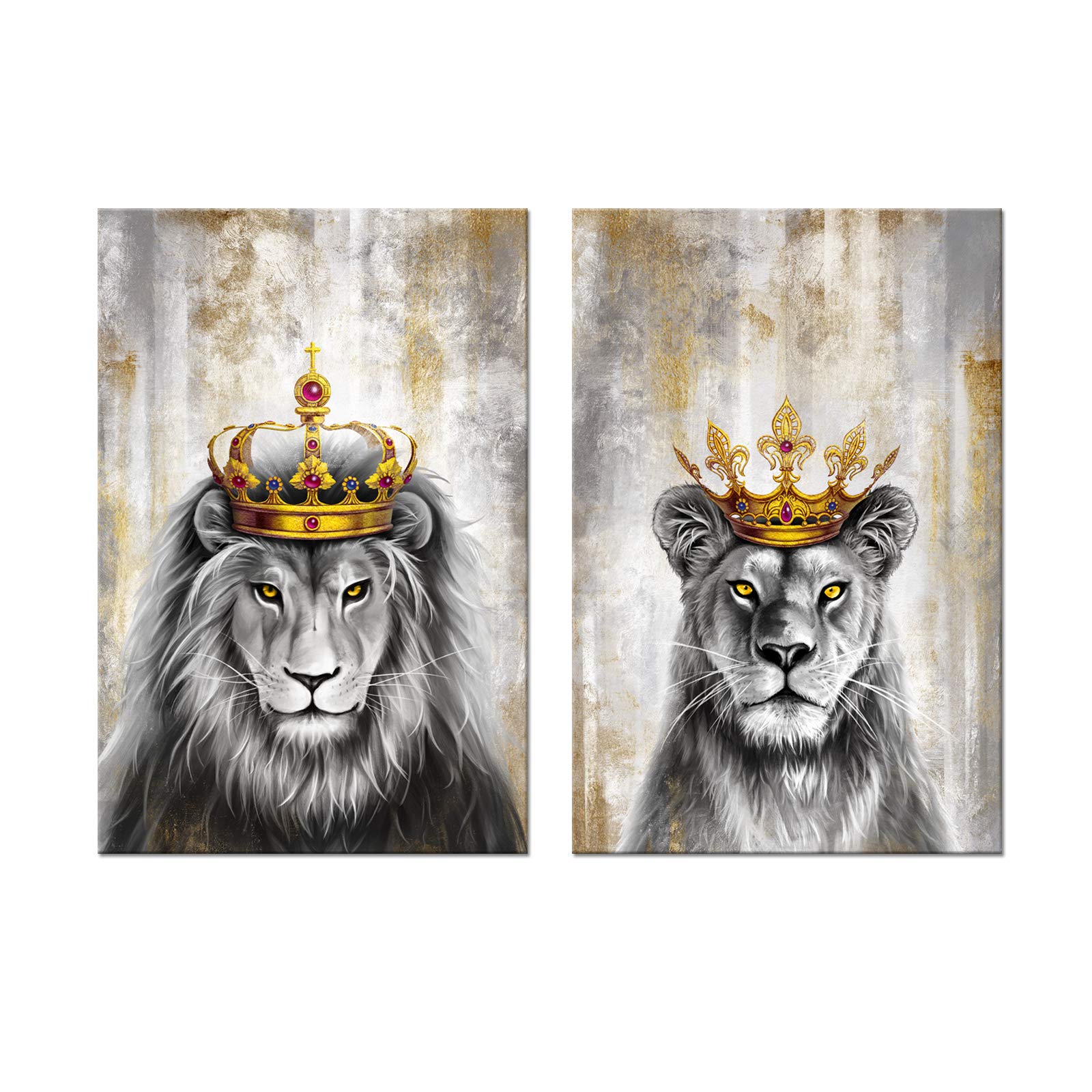 Zlove 2 Pieces Animal King Wall Art Lion and Lioness with Crown Grey and Gold Romantic Couple Artwork for Bedroom Modern Home Decoration Stretched ...