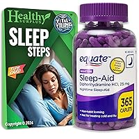 Equate Sleep-Aid Diphenhydramine HCI 25 mg 365 Caplets and Vital Volumes Sleep Steps Tips Card (Bundle)