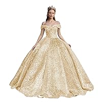 XYAYE Sparkly Sequin Quinceanera Dresses Puffy Off Shoulder Ball Gown Sweetheart Long Prom Dress