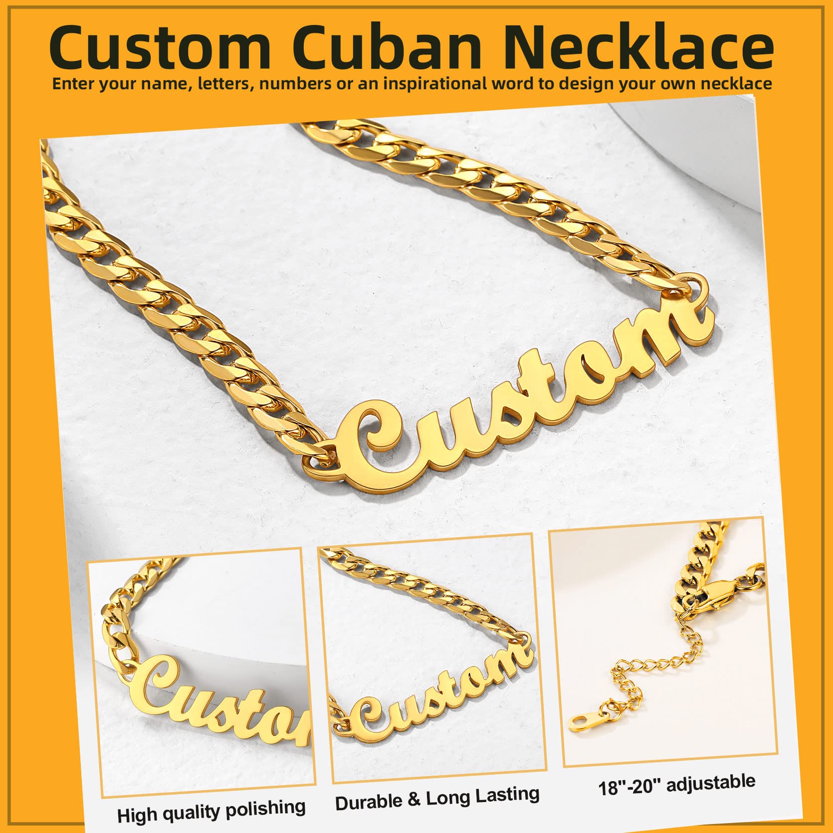 GOLDCHIC JEWELRY Name Plated Necklace Personalized for Men Women, Stainless Steel Customized Old English Nameplate Choker with Curb Chain Custom Jewelry, 16 inches to 30 inches