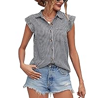 SOLY HUX Women's Plaid Button Down Shirt Cap Sleeve Pocket Front Summer Tops Blouse
