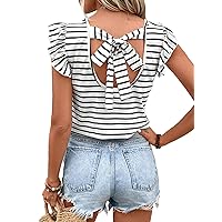 Floerns Women's Striped Print Butterfly Sleeve Tie Back V Neck Casual Tee Shirt