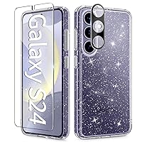 TIESZEN 3 in 1 for Samsung Galaxy S24 Case Glitter, [Non-Yellowing] with Screen Protector + Camera Lens Protector, Clear Sparkle Slim Hard Shockproof Galaxy S24 Phone Case for Women 6.2