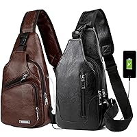 Peicees Pack of 2 Leather Sling Bag Mens Crossbody Bag Chest Bag Sling Backpack for Men with USB Charge Port, Classic Dark Brown & Vertical Zipper Black