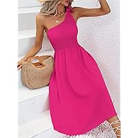 Dresses for Women Solid One Shoulder Knot Detail Dress (Color : Hot Pink, Size : X-Large)