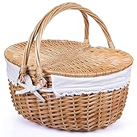 Wicker Picnic Basket with Lid and Handle Sturdy Woven Body with Washable Lining for Easter,Mother's Day,Outdoor Camping