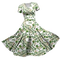 Women's Green Dress Princess Dress Sexy V-Neck St. Patrick's Day Printed Waist Pulled Ruffle Short Dress, S-3XL