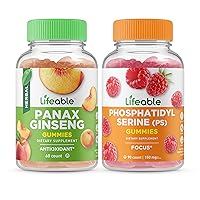 Lifeable Panax Ginseng + Phosphatidylserine (PS), Gummies Bundle - Great Tasting, Vitamin Supplement, Gluten Free, GMO Free, Chewable Gummy