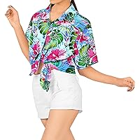 LA LEELA Hawaiian Shirts Womens Casual Summer Beach Party Blouse Shirt Floral Colorful Blouses Short Sleeve Vacation Dress Tops Tee Shirts T Shirt for Women S Leafy Hibiscus, Blue