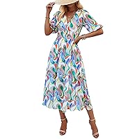 Womens Flowy Smocked Elastic Waist Short Sleeve V Neck Floral Midi Dress Casual Spring Summer Sun Dress for Women 2024