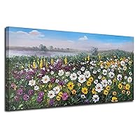 Arjun Flowers Canvas Wall Art Landscape Painting Modern Fall Nature Wildflowers Colorful Daisy Floral Picture Artwork Large Size Framed for Bedroom Living Room Bathroom Home Office Wall Décor 40