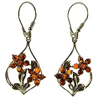 BALTIC AMBER AND STERLING SILVER 925 DESIGNER COGNAC FLOWER DANGLING HOOPS EARRINGS JEWELLERY JEWELRY