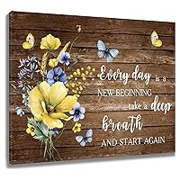 LB Floral Wall Art for Bathroom Blue Yellow Wildflower and Butterfly Inspirational Quotes Abstract Canvas Wall Art Brown Wall Pictures for Living Room Bedroom Office Ready To Hang,20x16 Inch