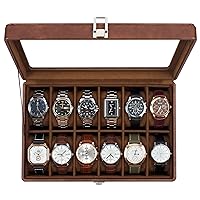 GUKA Watch Box, 12 Slot Watch Case with Real Glass Top, Watch Box Organizer with Removable Watch Pillow, Brown Synthetic Leather Watch Display, Brown