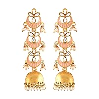 18K Gold Plated Indian Wedding 3 Layered Long Jhumki Earrings With Meena Work With Kundans & Pearls (E2788)