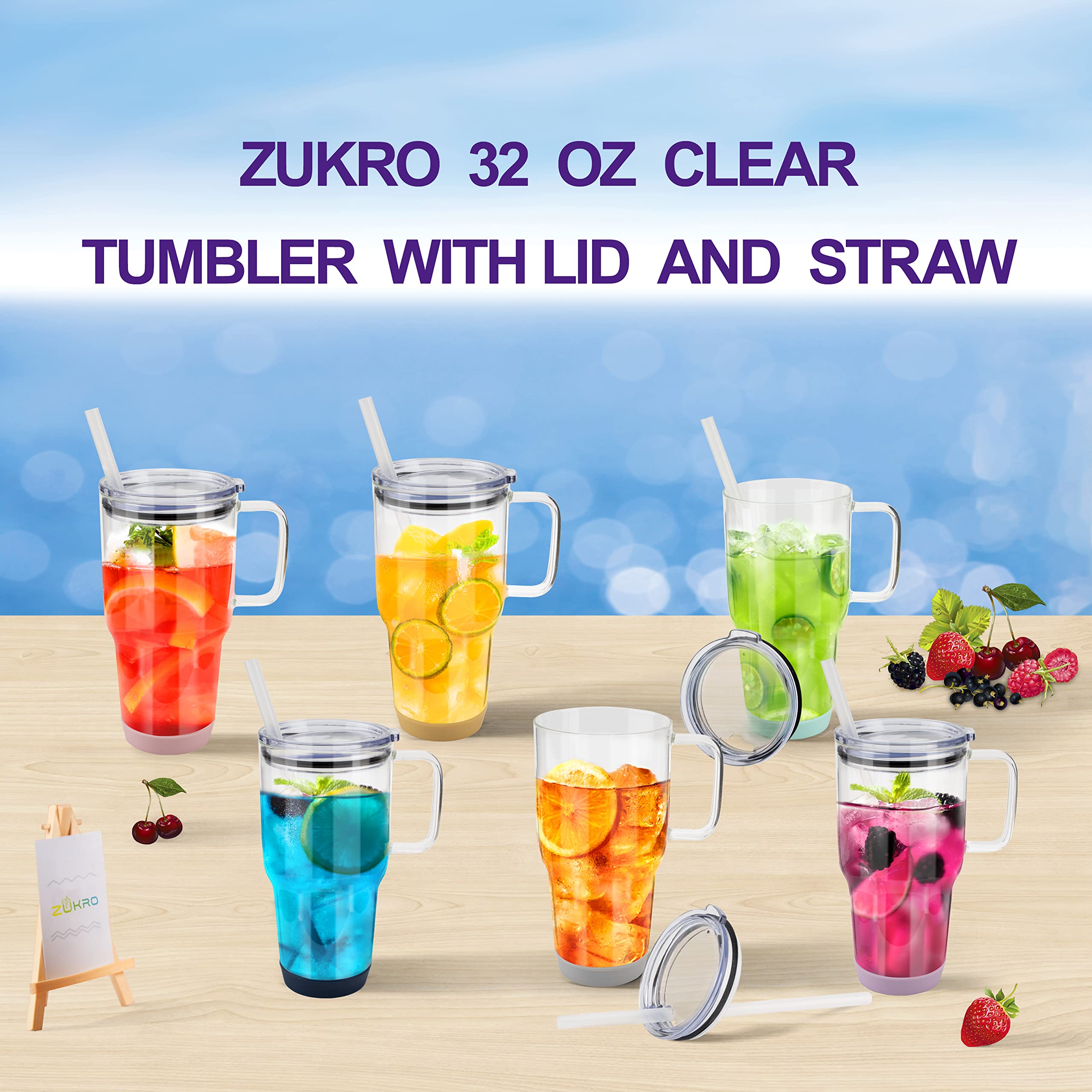 Zukro 32 oz Drinking Glass Tumbler with Handle, Iced Coffee Cup with Straw and Lid, Reusable Glass Water Cup With Silicone Bumper for Beer, Fits In Cup Holder, Dishwasher Safe, BPA Free, Watermelon