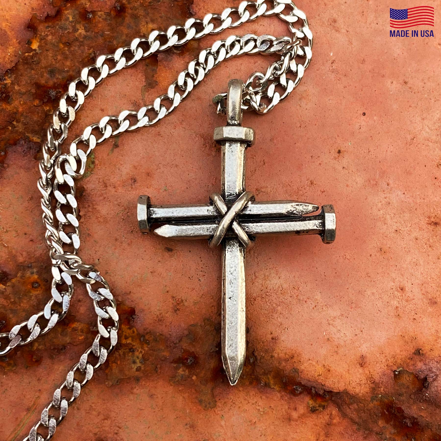 Cross 3 Nails Wire Wrapped Antique Silver Metal Finish Pendant Silver Finish 24 Inch Stainless Steel Chain Necklace