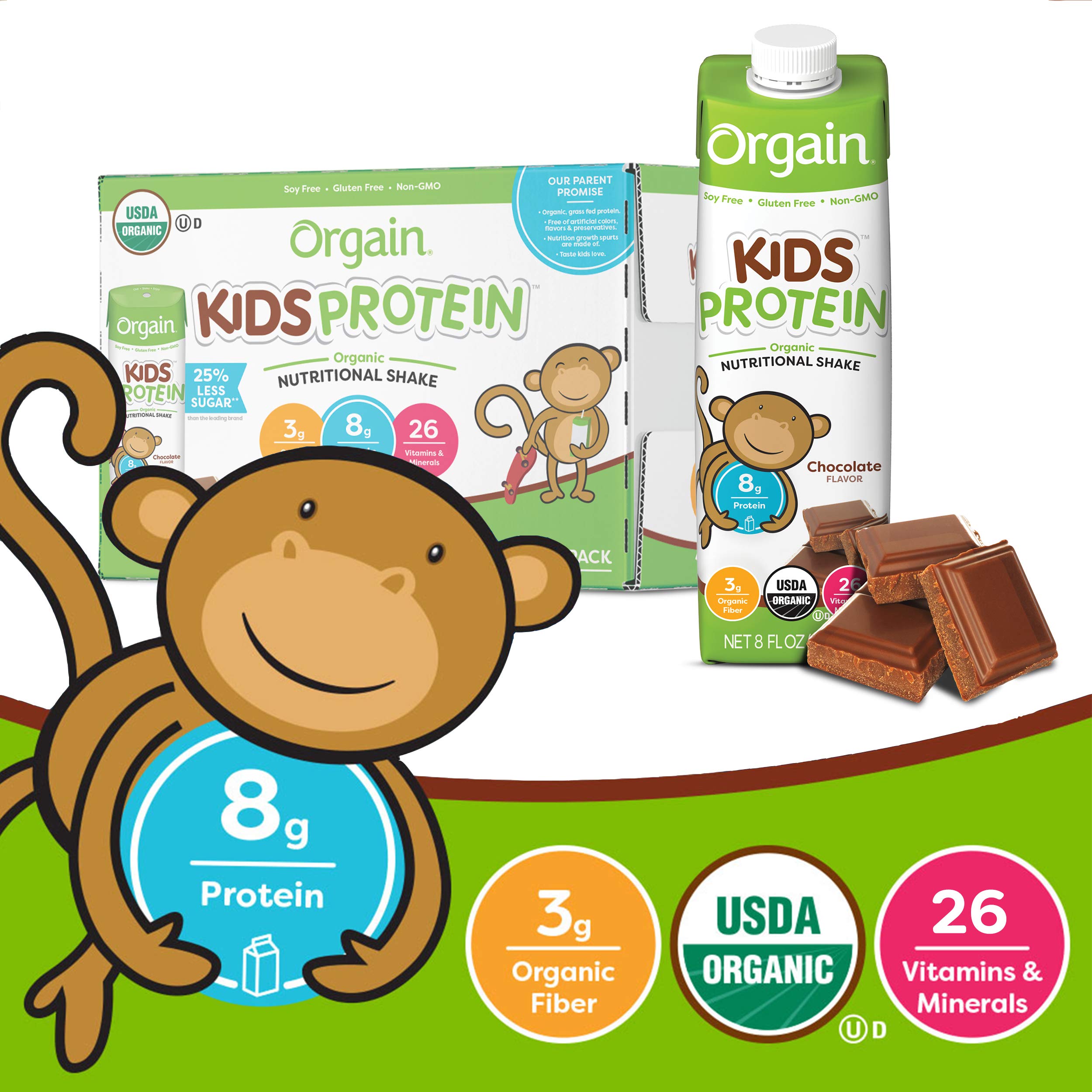 Orgain Organic Kids Protein Nutritional Shake, Chocolate - Great for Breakfast & Snacks, 21 Vitamins & Minerals, 10 Fruits & Vegetables, Gluten Free, Soy Free, 8.25 oz, 12 Count (Packaging May Vary)