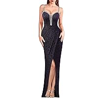 VFSHOW Womens Formal Prom Beaded Spaghetti Strap Deep V Neck Ruched Maxi Dress Sexy Tulip Split Wedding Guest Evening Gown