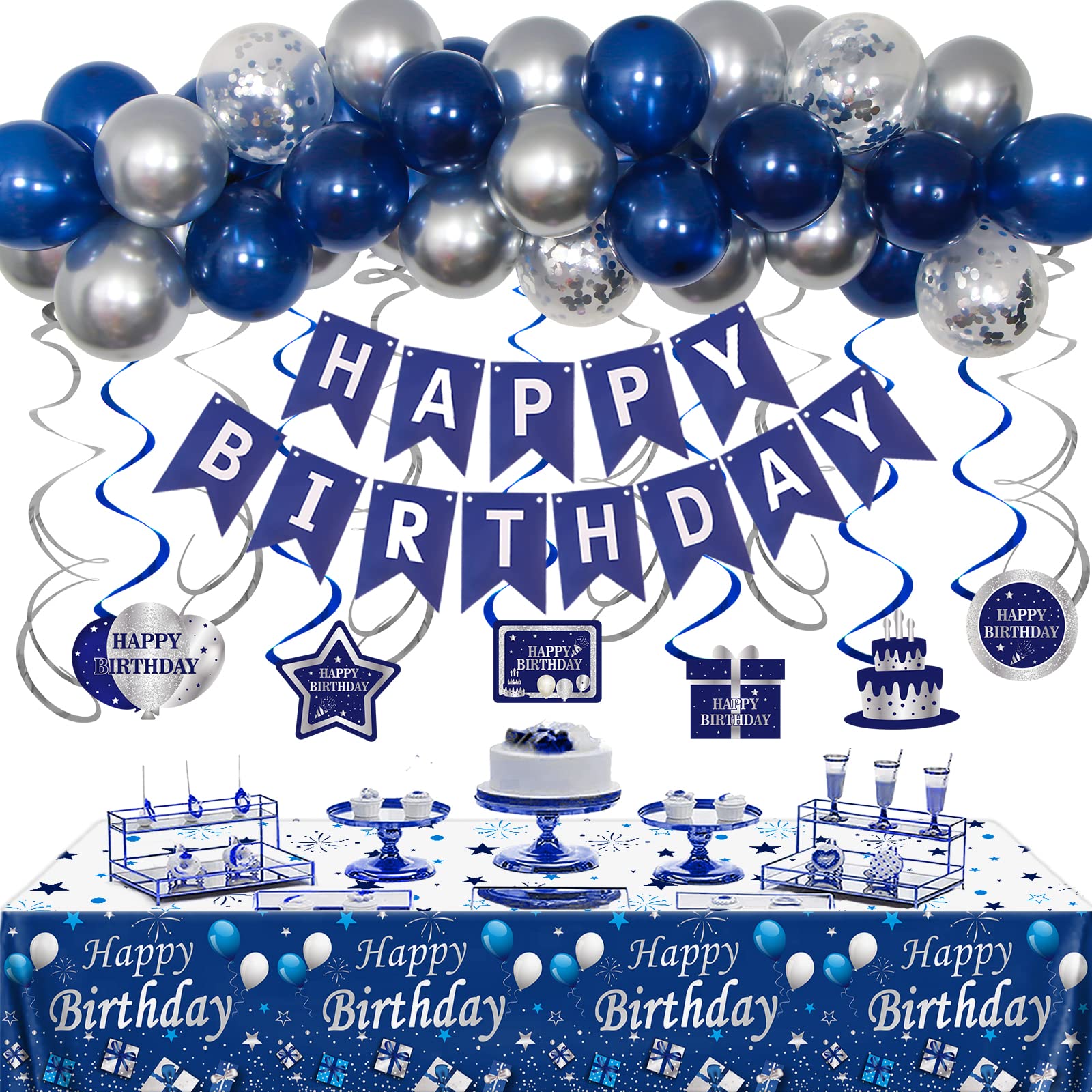 Mua Blue Birthday Decorations for Men, Navy Blue and Silver Happy ...