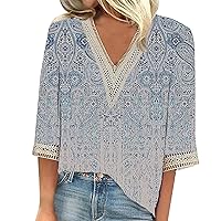 V Neck T-Shirts for Women Fashion Lace Trim 3/4 Sleeve Tshirts Floral Tunic Summer Loose Fit Casual Tops Tees