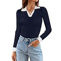 MEROKEETY Womens 2024 Fall V Neck Long Sleeve T Shirts Slim Fitted Ribbed Knit Casual Tee Tops