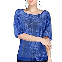 Ladies Cotton Shirts Long Sleeve Women's Spring and Summer Solid Color Sequin Round Neck Splicing Loose Athletic Top