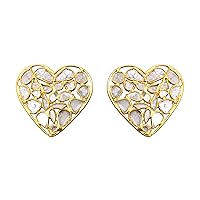 Solid 925 Sterling Silver Art Deco Inspired Heart Shape PolkiDiamonds Stud Earrings, Earrings For Mother, Love Earrings