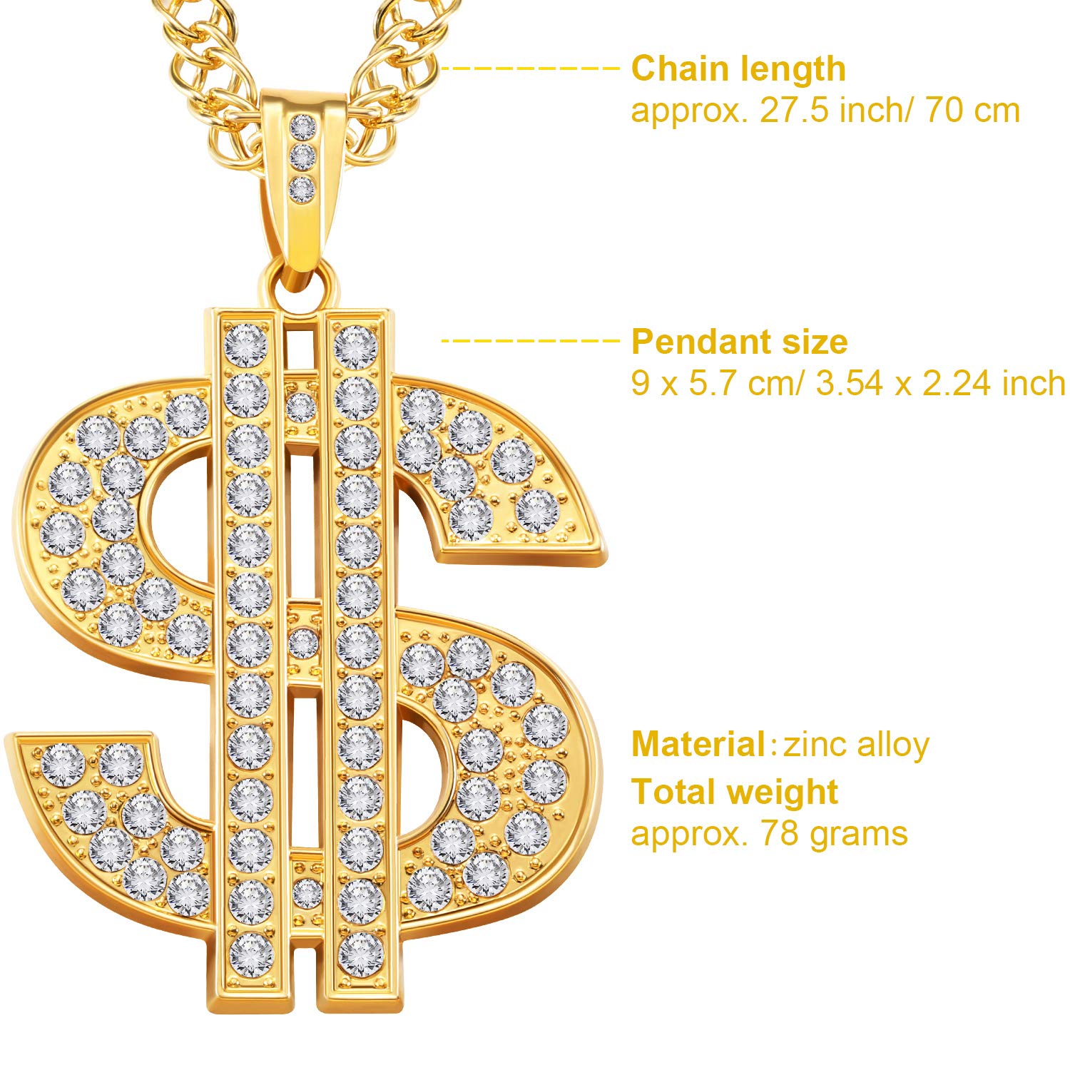 2 Pieces Plated Chain for Men with Dollar Sign Pendant Necklace, Dollar Necklace