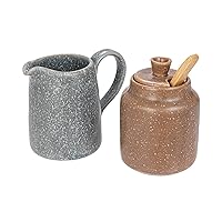 Bloomingville Stoneware Creamer and Sugar Pot Set with Bamboo Spoon, Grey and Brown, Small, Multi