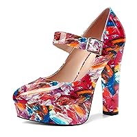 Womens Slip On Adjustable Strap Patent Party Platform Sexy Round Toe Block High Heel Pumps Shoes 5 Inch