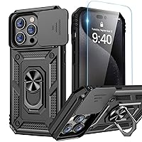 Goton for iPhone 15 Pro Max Case with Screen Protector - Slide Camera Cover Protective Phone Case with Ring Stand, Heavy Duty Shockproof Rugged Bumper for iPhone 15 Promax Accessories Black