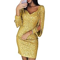 Andongnywell Womens Elegant Sequin Tassel Sleeve Bodycon Long Sleeve Sequins Fringe Dress Sexy Midi Dresses