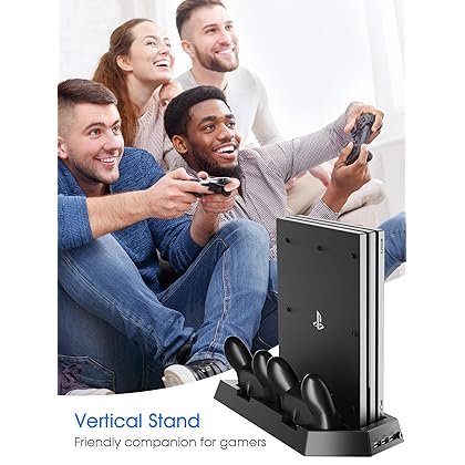 Kootek Vertical Stand with Cooling Fan for PS4 Slim/Regular Playstation 4, Controllers Charging Station with Dual Charger Ports and USB HUB for Console Dualshock 4 Controller (Not for PS4 Pro)