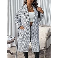 OVEXA Women's Large Size Fashion Casual Winte Plus Houndstooth Lapel Collar Double Breasted Overcoat Leisure Comfortable Fashion Special Novelty (Color : Black and White, Size : 3X-Large)