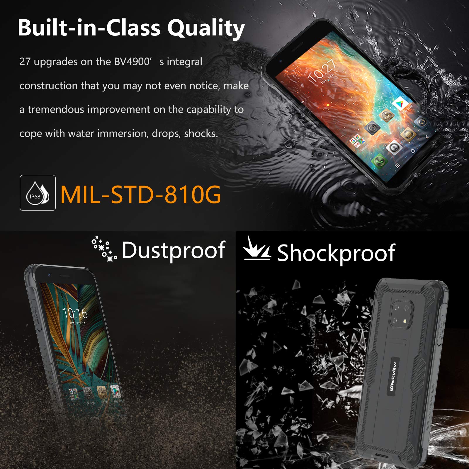 Blackview Rugged Unlocked Cell Phones, BV4900 Rugged Unlocked Phone, IP68 Waterproof Rugged Smartphone, 3GB+32GB/SD 128GB Cellphone, 5.7