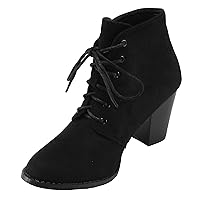 Forever Women's Jilly-3 Faux Suede Round Toe Lace-up Block High Heel Ankle Booties
