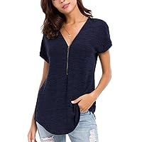 LUSMAY Women's Casual Zipper V Neck Short Sleeve Tunic Tops Loose Fitting T Shirts Blouse