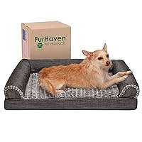 Furhaven Orthopedic Dog Bed for Medium/Small Dogs w/ Removable Bolsters & Washable Cover, For Dogs Up to 35 lbs - Luxe Faux Fur & Performance Linen Sofa - Charcoal, Medium