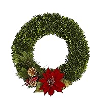 Nearly Natural 18in. Tea Leaf, Poinsettia and Pine Artificial Wreath