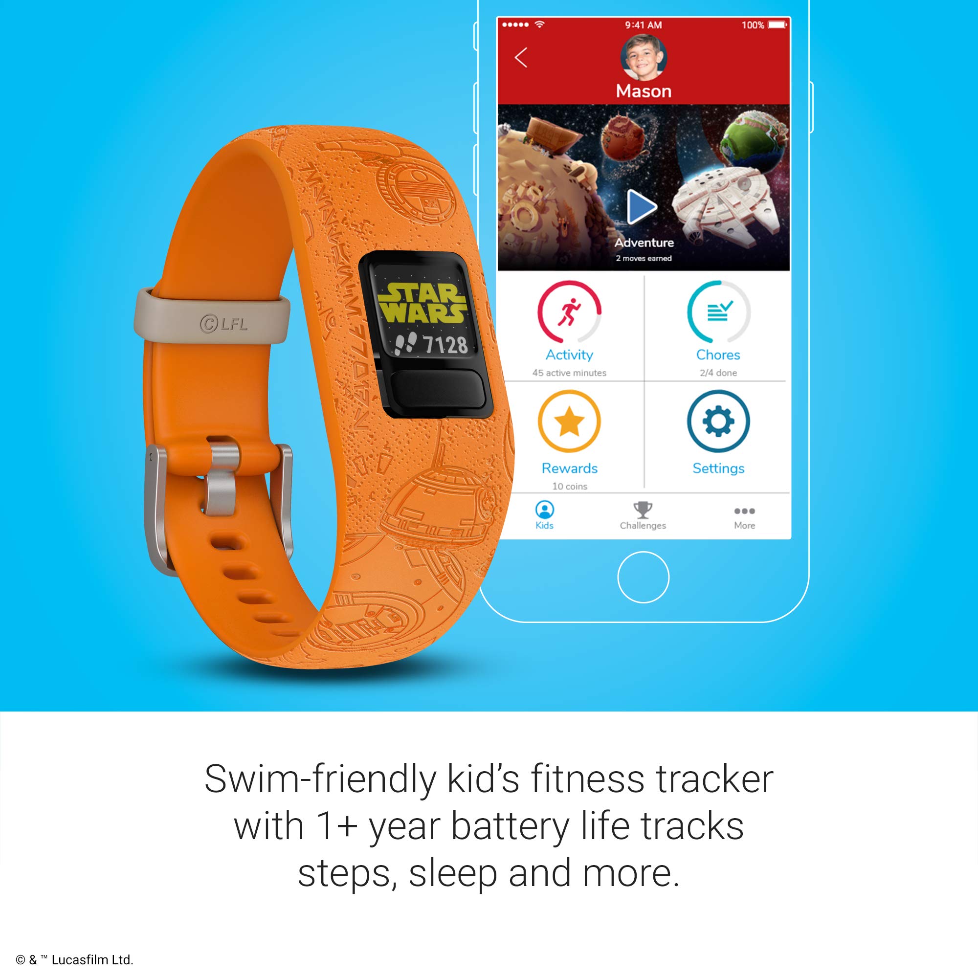 Garmin vivofit jr. 2, Kids Fitness/Activity Tracker, 1-Year Battery Life, Adjustable Band, Star Wars Light Side, Bright Orange