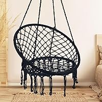 Hammock Chair Macrame Swing Bohemian Style Hammock Swing Chair with Tassels Hanging Swing Chair Handmade Knitted Cotton Rope for Indoor Outdoor Bedroom Patio Max 330 Lbs Black