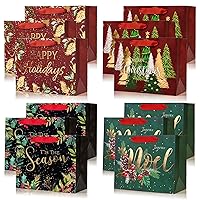 PAPER FAIR 12Pcs Red Green Metallic Gold Christmas Gift Bags Bulk, Medium 9x7 In, Gilded Xmas Tree Noel Gift Wrap Bags, Mistletoe Foiled Paper Favor Bag Gift Packaging for Thanksgiving Holiday New