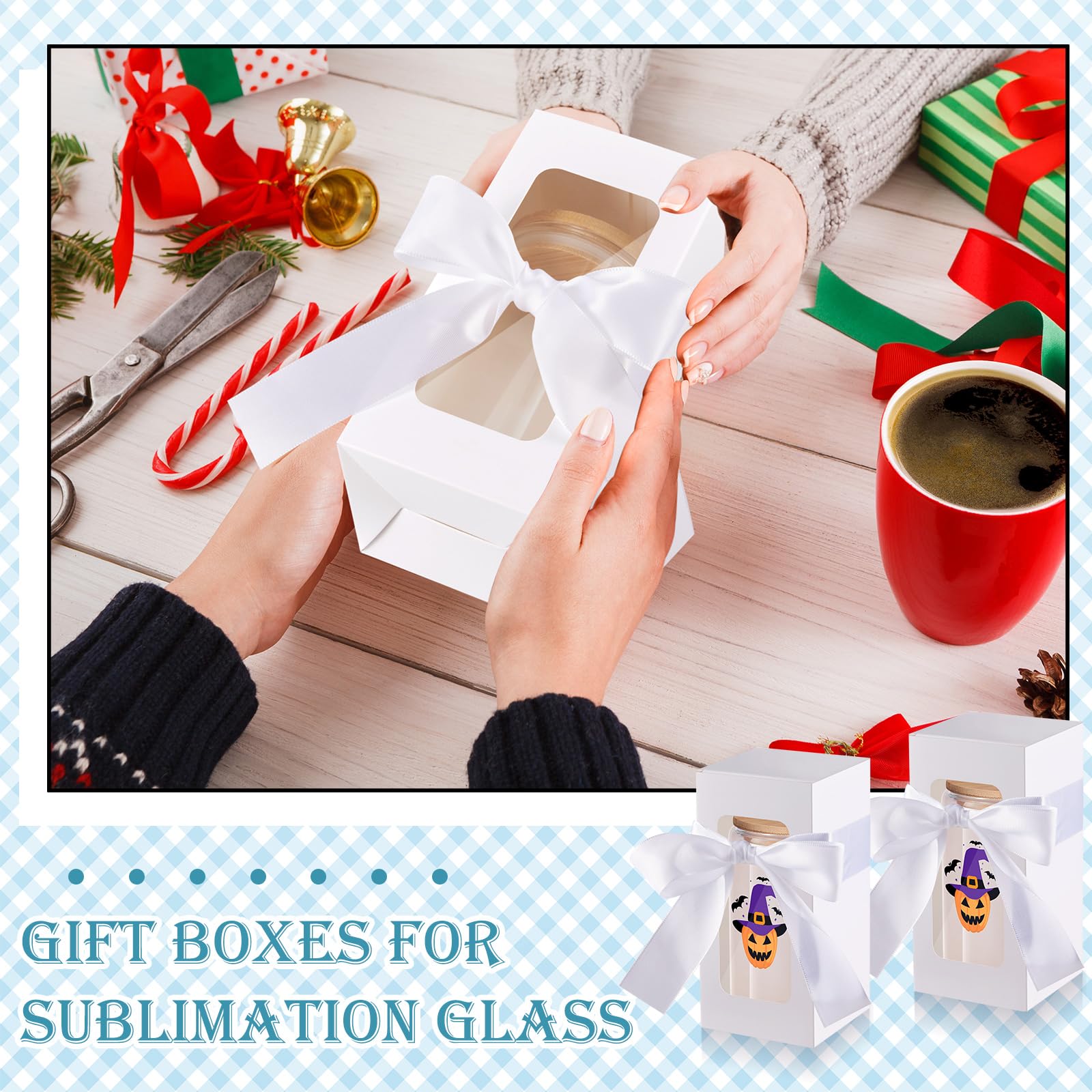 Fulmoon 36 Sets Sublimation Glass Gift Boxes 3.08x3.08x6.38 Inches Exhibition Box Tumbler Boxes Transparent Gift Box with Ribbon for Thanksgiving Christmas 12, 16, 18oz Sublimation Glass (White)