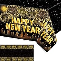 Bifridaka 3Pieces New Years Tablecloth, 108 * 54 Inch Happy New Year Tablecloth New Year Table Cover, Fireworks Nye Tablecloth Black Gold New Year Tablecloth for New Years Eve Party Supplies 2024